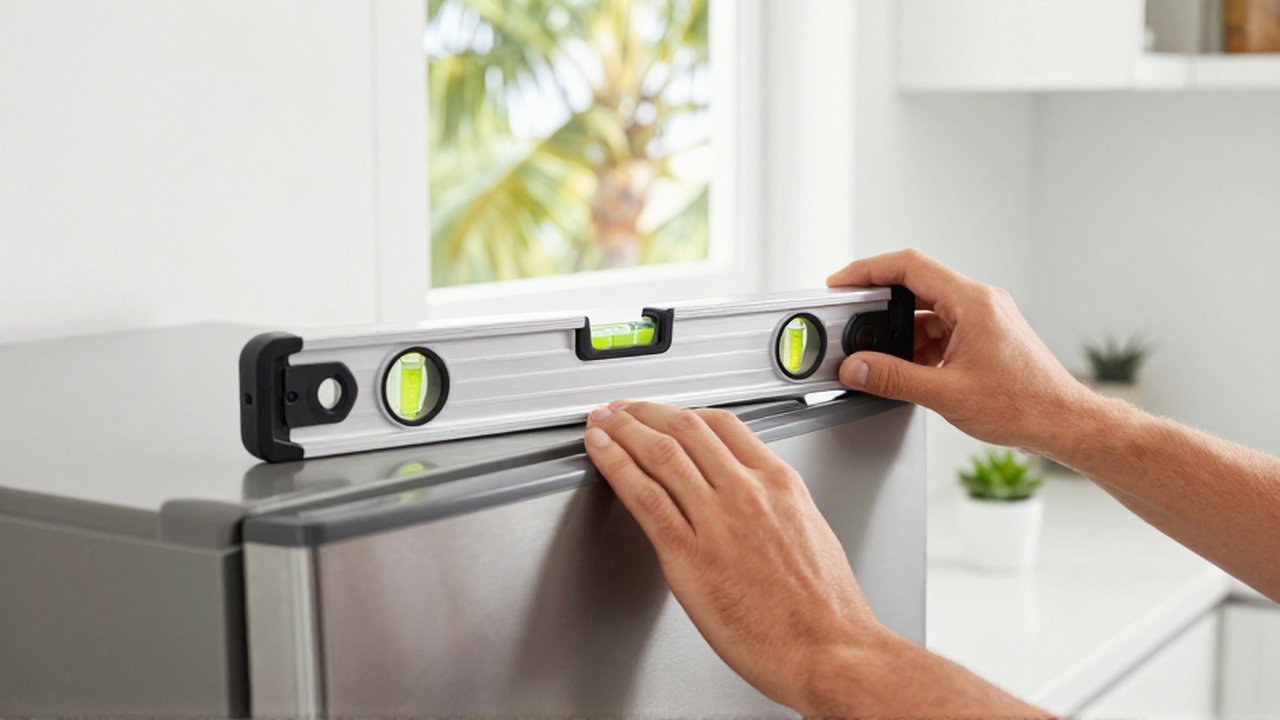 Hands use a spirit level to check the balance of a stainless steel refrigerator in a bright kitchen.