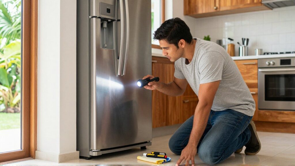 A homeowner uses a flashlight to inspect the mechanical coils behind a stainless steel refrigerator.