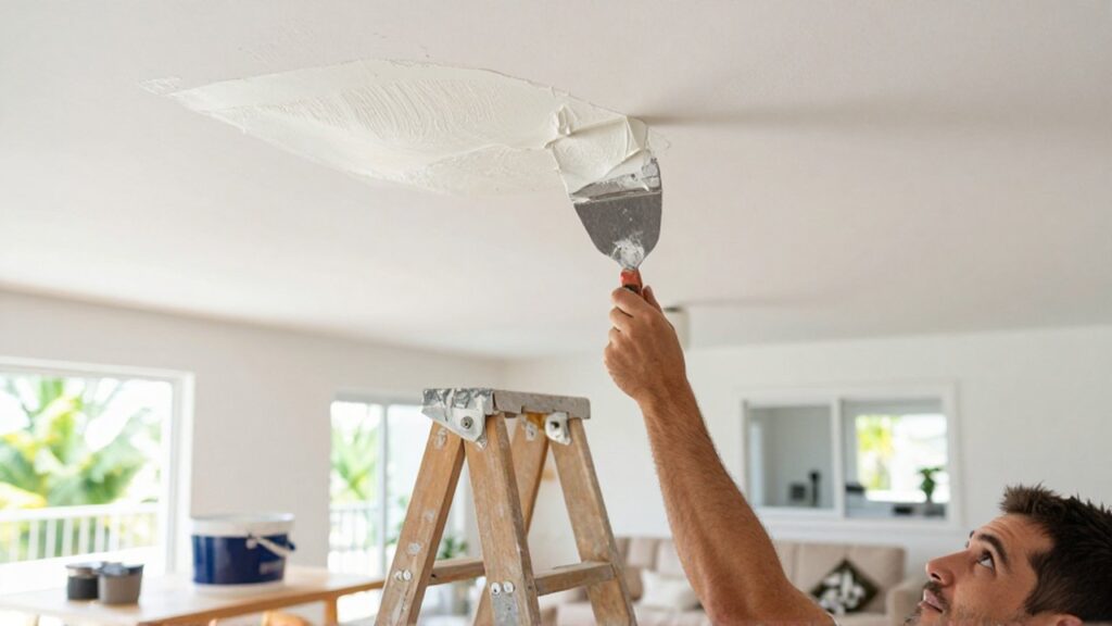 A handyman uses a metal putty knife to apply white plaster over a water-stained ceiling patch.