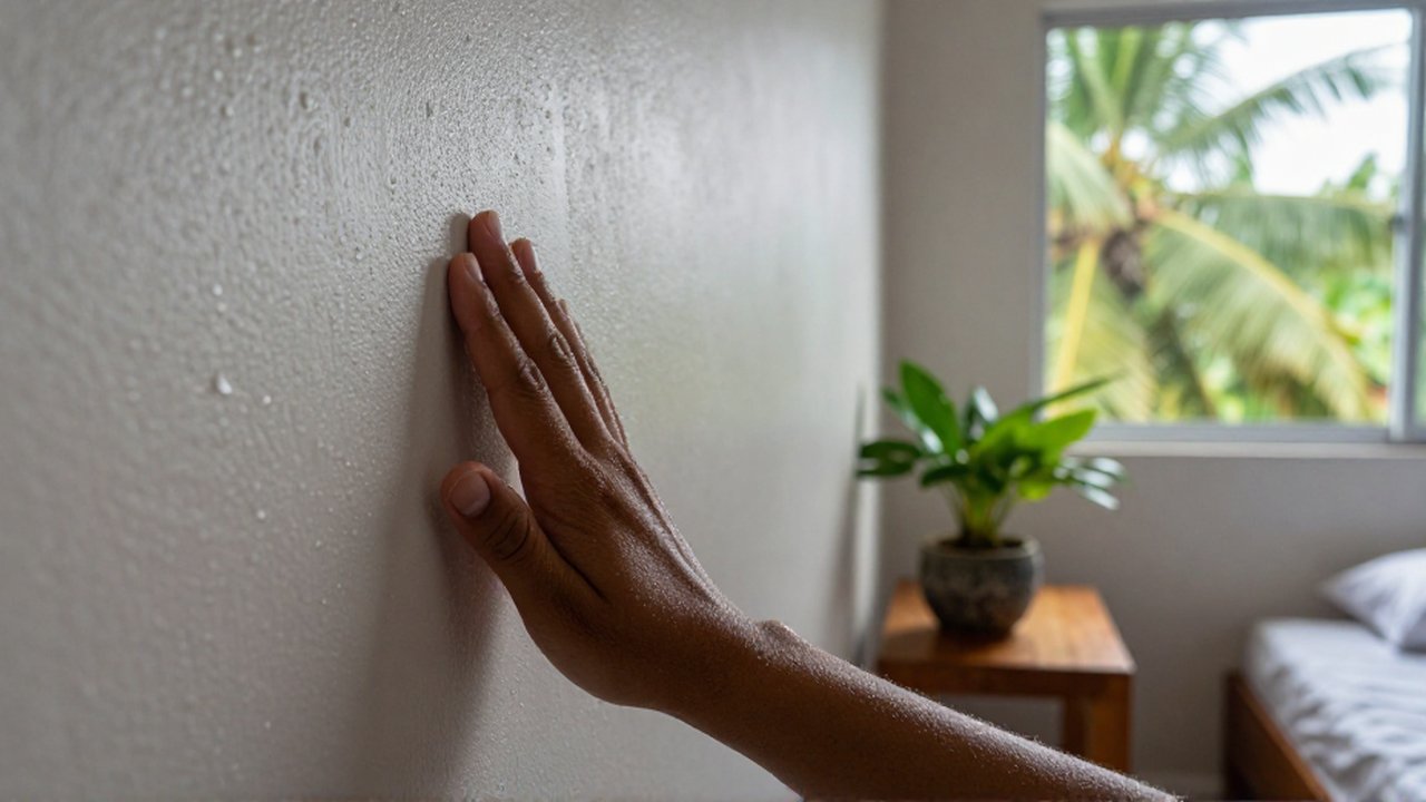 A hand touches a wall covered in condensation droplets in a humid bedroom.