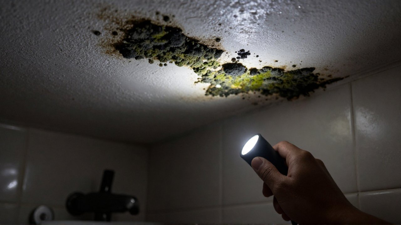 A hand uses a flashlight to reveal black and green mold spreading across a damp bathroom ceiling.