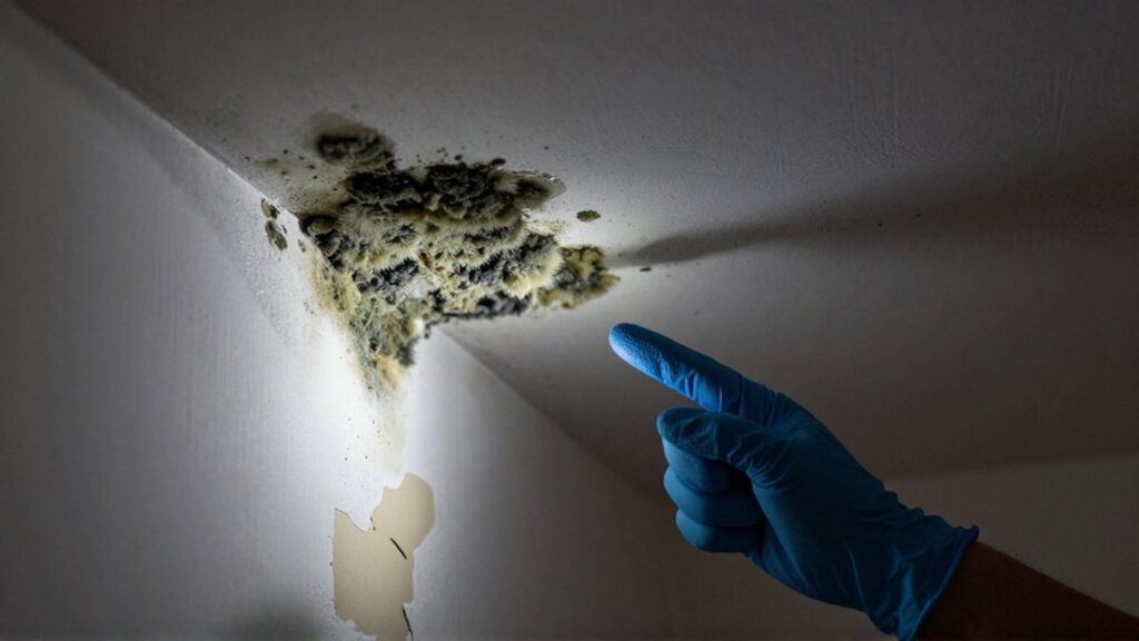 A gloved hand points a flashlight at dark mold spreading across a water-damaged ceiling.