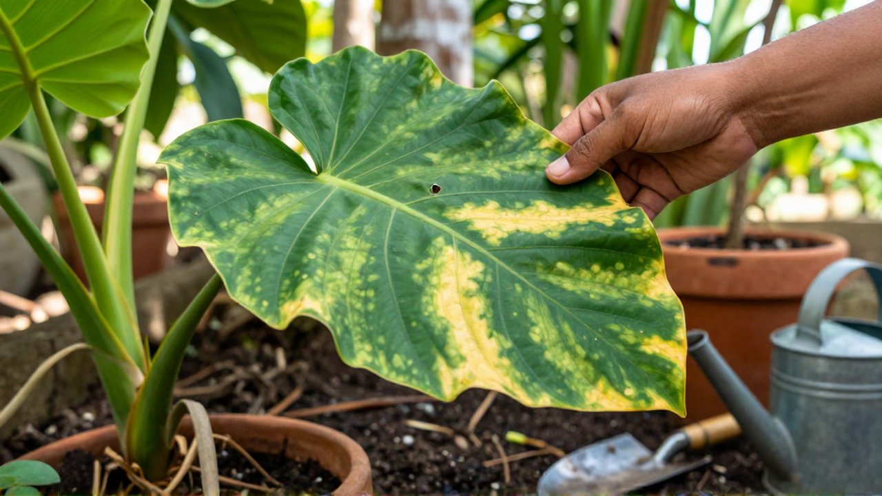 A gardener's hand lifts a large tropical leaf showing yellowish discoloration in a sunny garden.