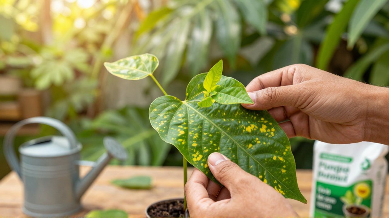 A gardener's hands inspect yellowing patterns and nutrient deficiency spots on a tropical plant leaf.
