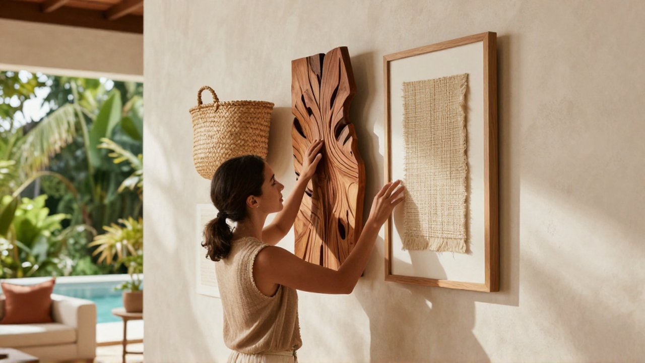 A designer's hands adjust a collection of woven and wooden textures on a sunlit gallery wall.