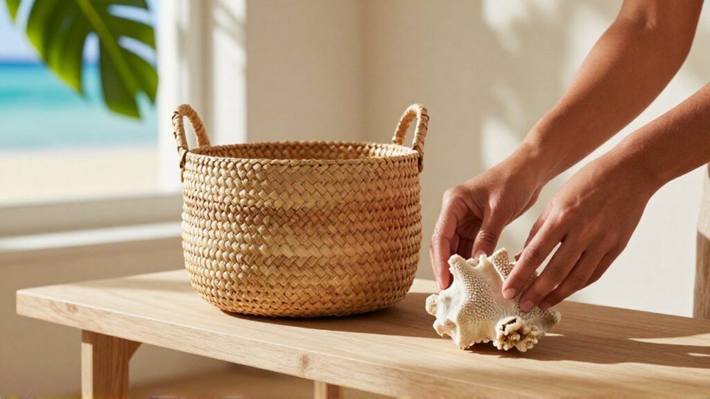 Hands carefully arrange a woven seagrass basket and raw coral on a wooden shelf.