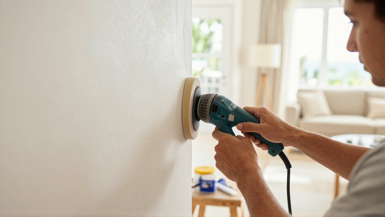 A person uses a sanding block to smooth a plaster wall in a bright living room.