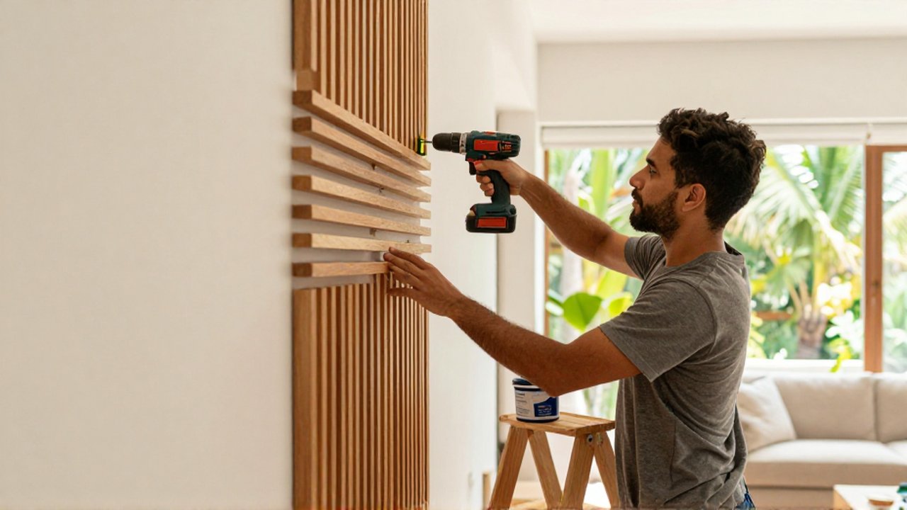 A person uses a level and cordless drill to install slatted wood wall panels.