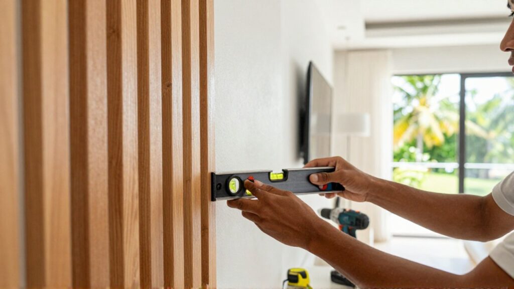 A person uses a spirit level to align a wooden slat panel on a bright