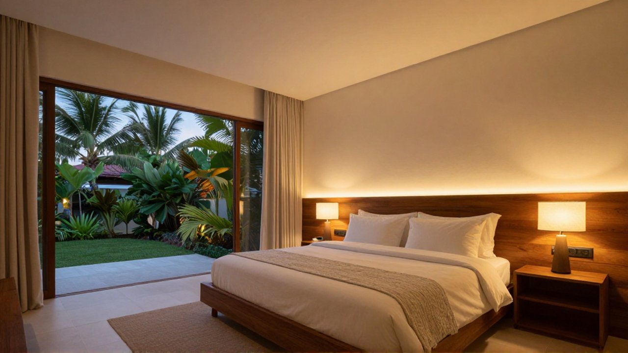 A modern tropical master bedroom features layered warm lighting and views of lush greenery at twilight.