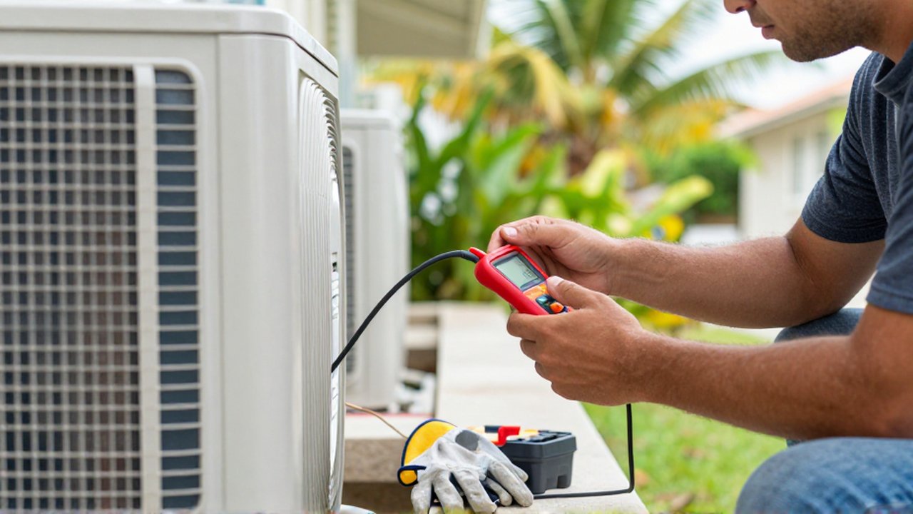 A person uses a voltage tester to inspect the electrical wiring of an outdoor air conditioning unit.