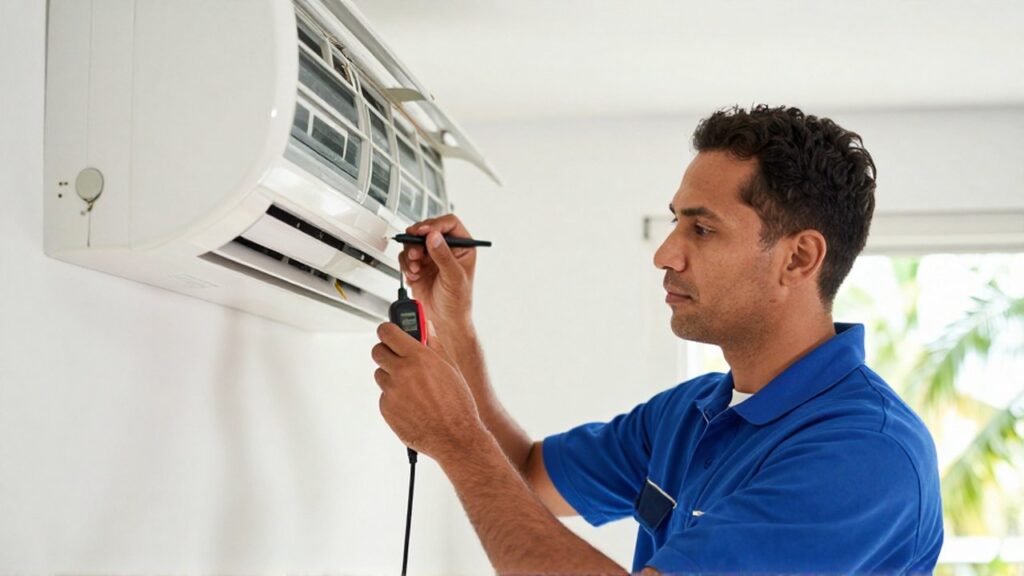 A maintenance technician uses a voltage tester to inspect the wiring of a wall-mounted air conditioner.