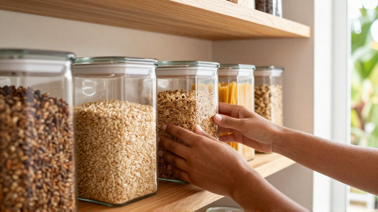Hands carefully arrange clear glass canisters of grains and pasta on a wooden pantry shelf.