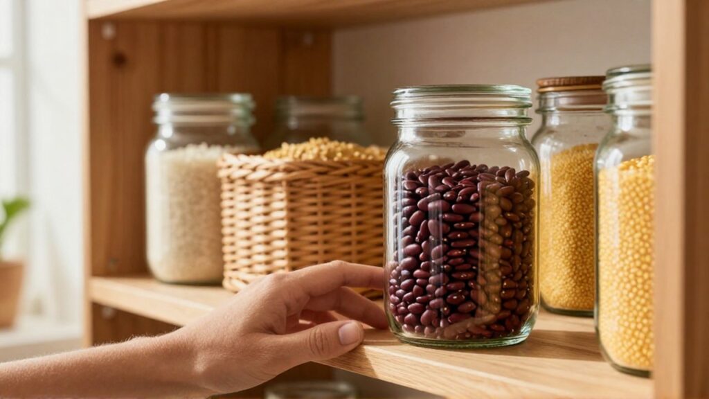 A hand reaches for a glass jar of dried kidney beans on a wooden pantry shelf.