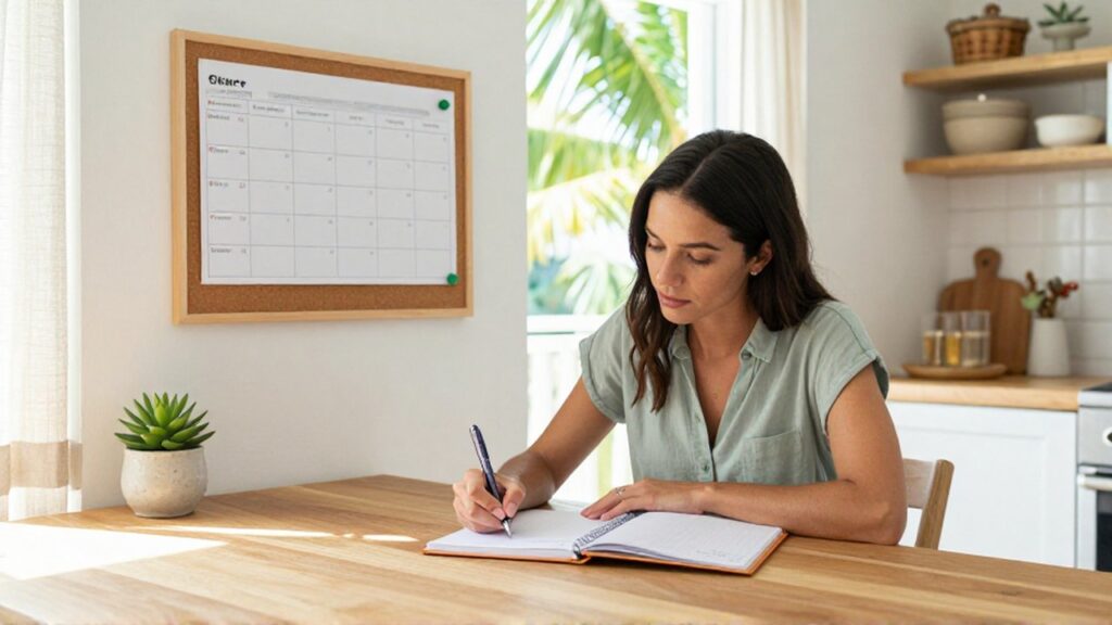 A woman sits at a sunlit wooden table in a bright kitchen