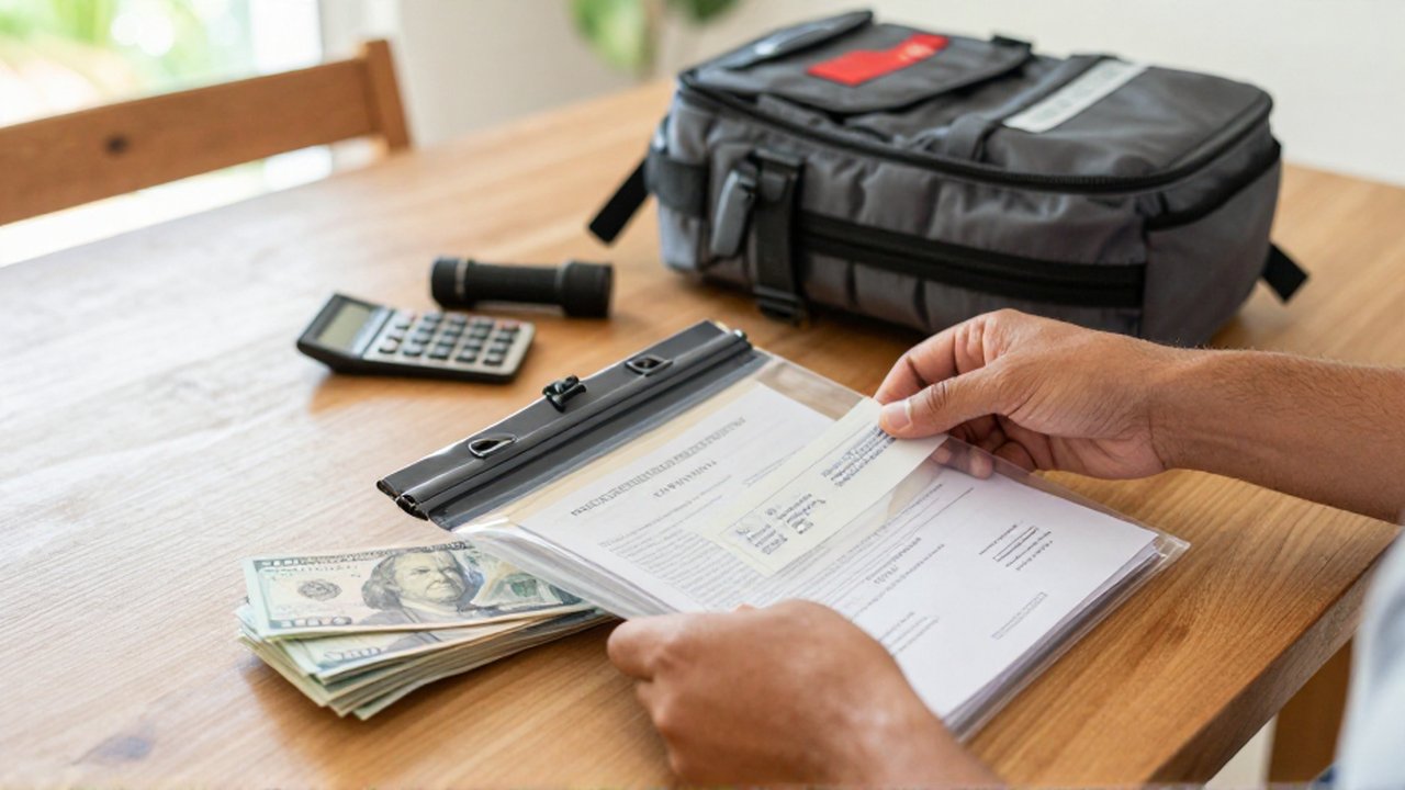 Hands organize important documents, emergency cash, and a calculator into a waterproof pouch on a wooden table.