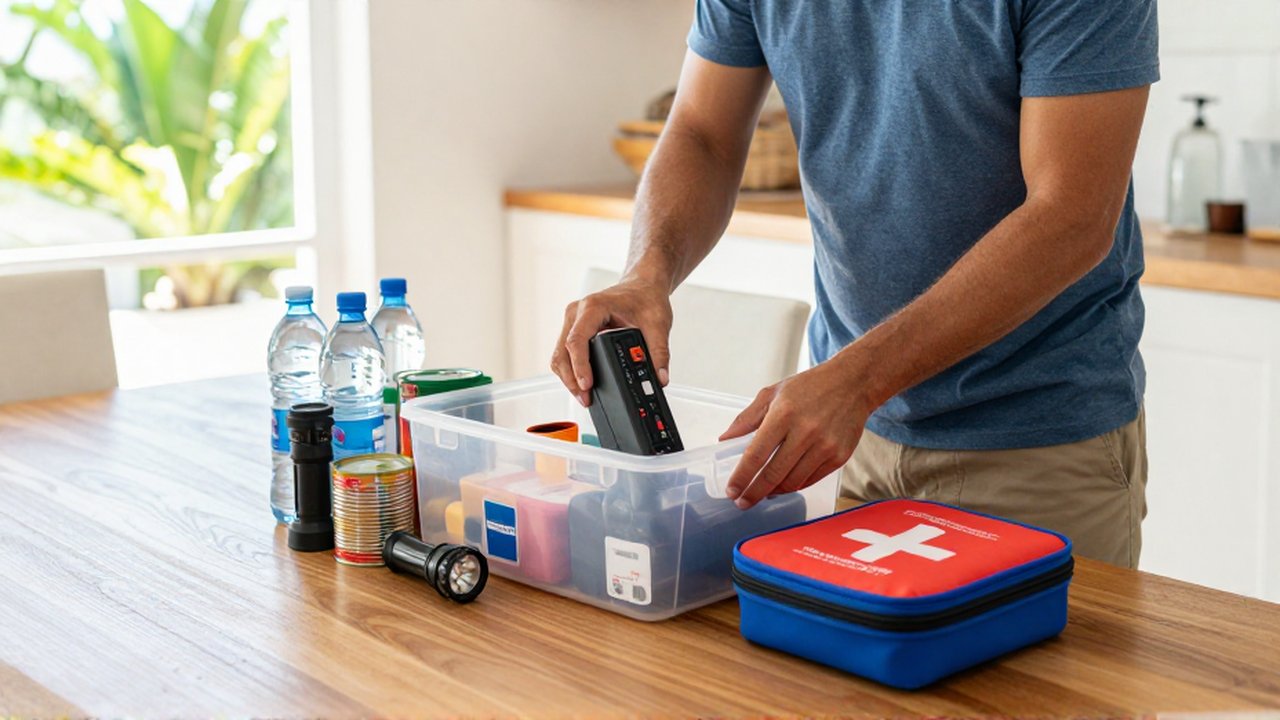 A person organizes an emergency supply kit with water and first aid on a wooden table.