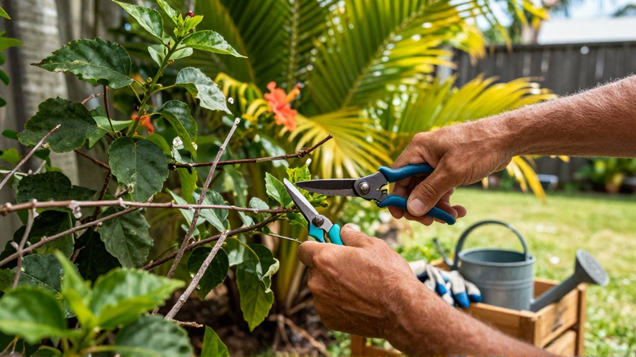A gardener's hands use pruning shears to trim a lush hibiscus shrub in a sunny tropical garden.