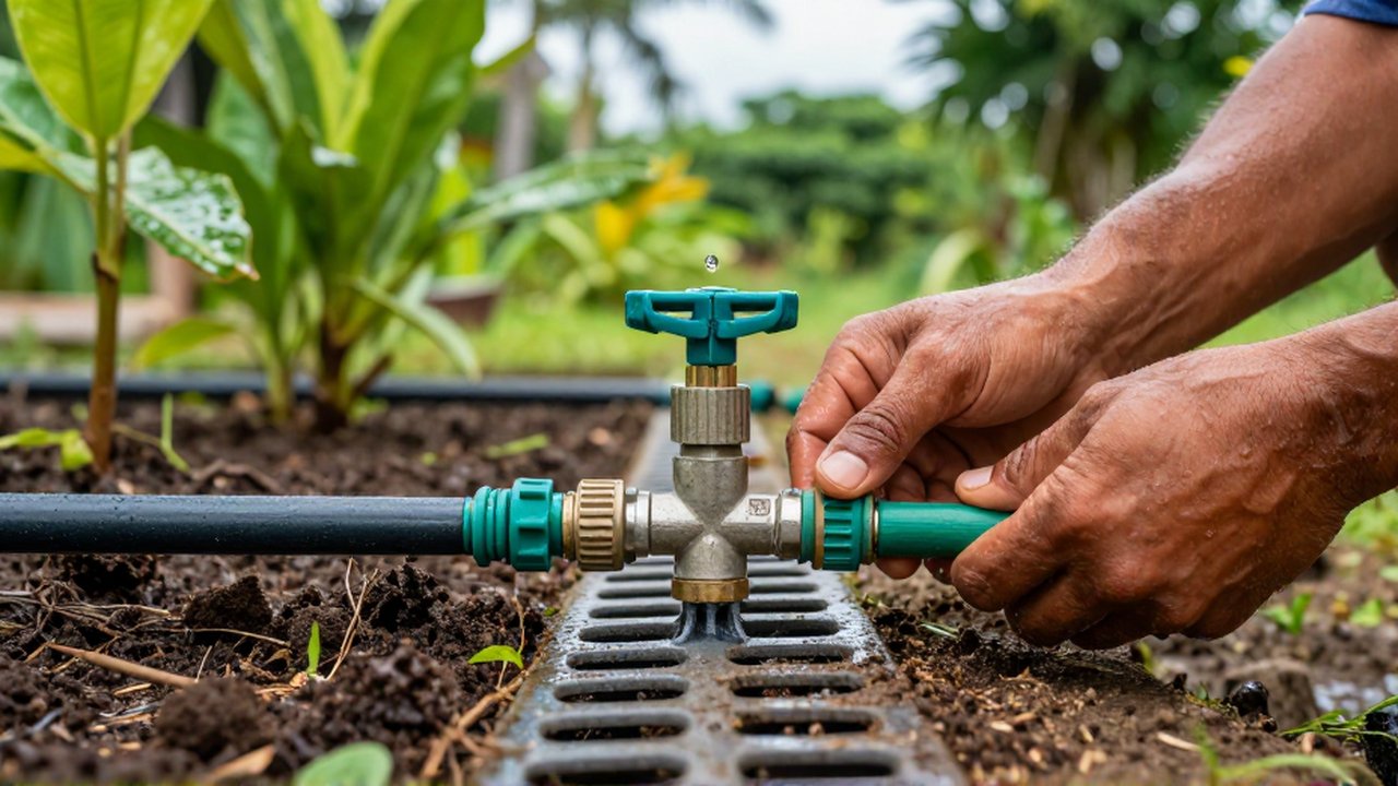 A gardener's hands adjust an irrigation valve and clear debris from a drainage grate in a tropical garden.