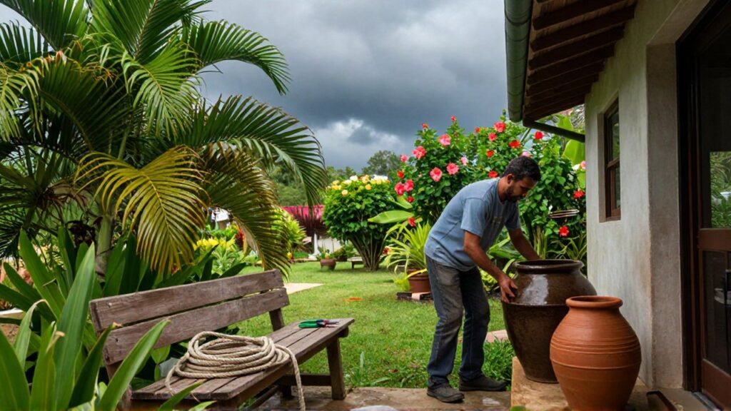 A gardener moves heavy ceramic planters toward a sheltered porch in a lush tropical garden under a stormy sky.