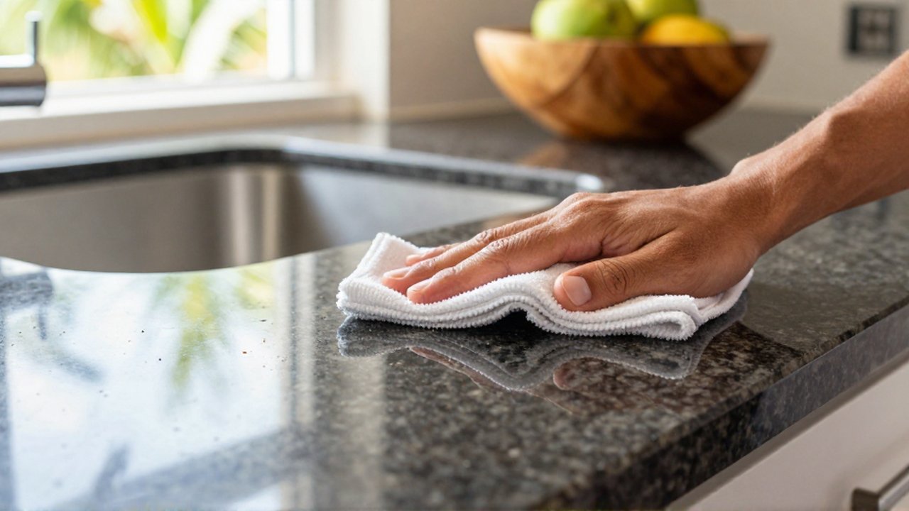 Hands use a microfiber cloth to wipe a dark granite countertop in a bright, modern kitchen.