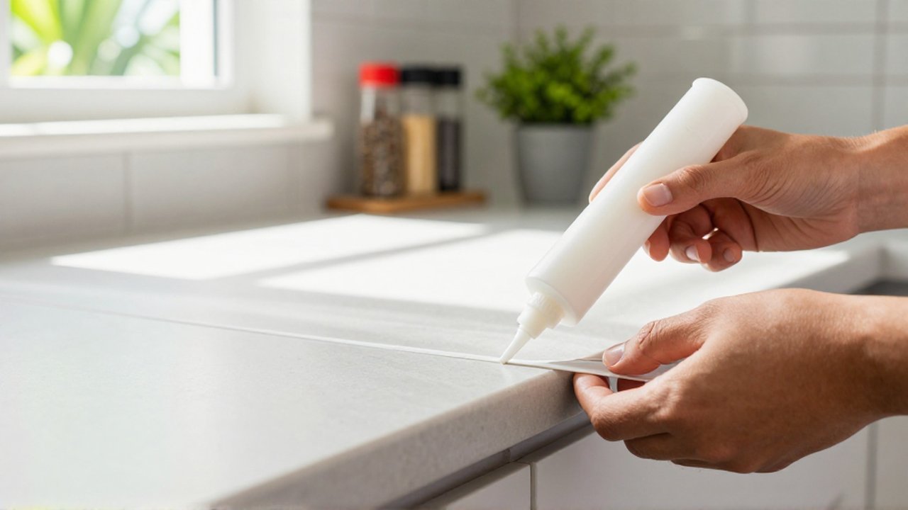 Hands apply a thin bead of white silicone sealant to the gap between a kitchen countertop and backsplash.