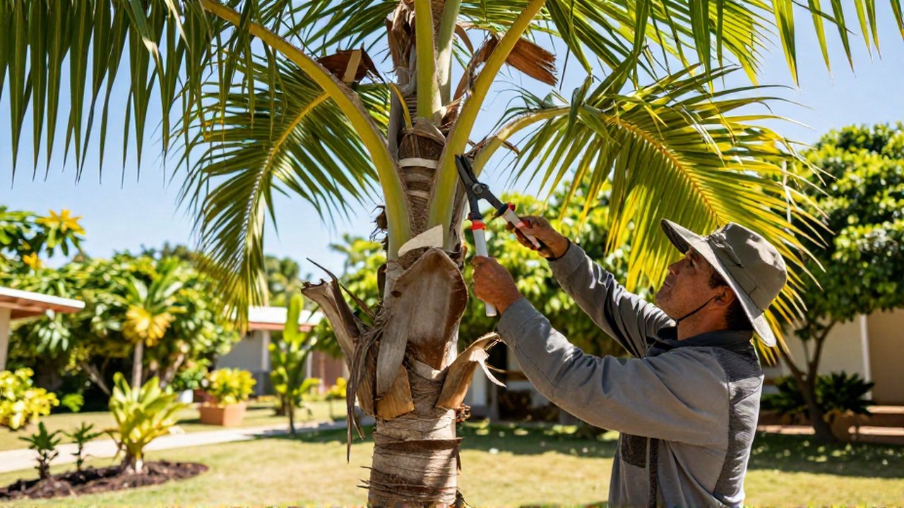 A man in protective gear uses long-handled shears to prune a dead palm frond.