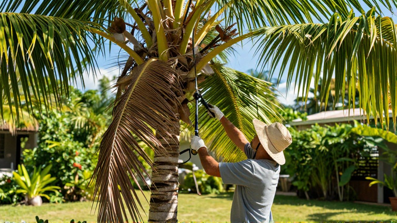 A person in a sun hat uses a pole pruner to trim a dried coconut frond in a tropical garden.
