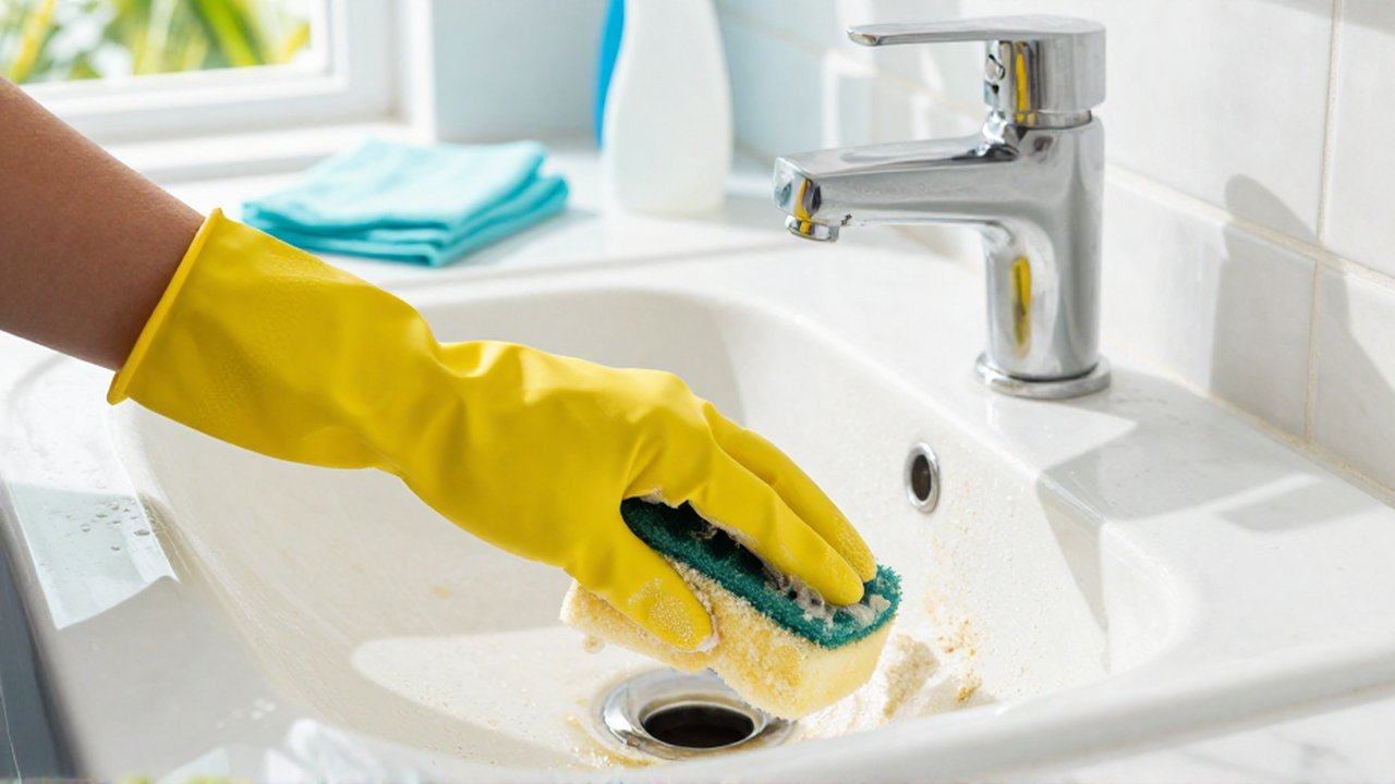 Hands in yellow gloves scrub mineral stains and limescale from a white porcelain sink.