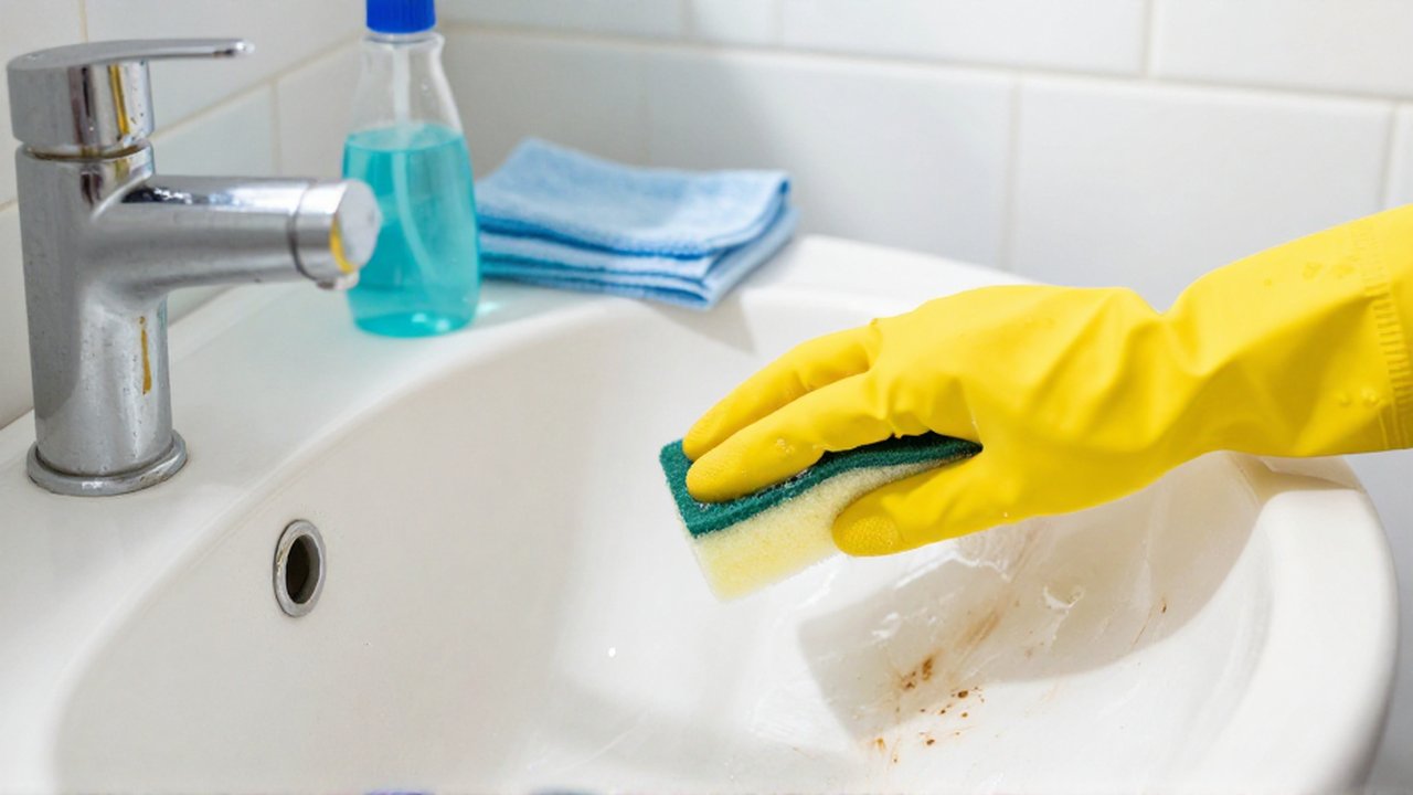 Hands in yellow gloves scrub brown stains from a white porcelain sink in a sunlit bathroom.