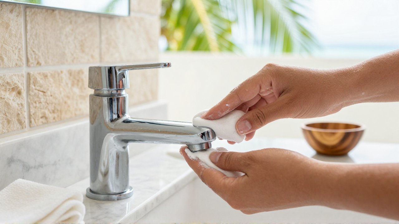 Hands apply a white cleaning paste to limescale on a chrome bathroom faucet.
