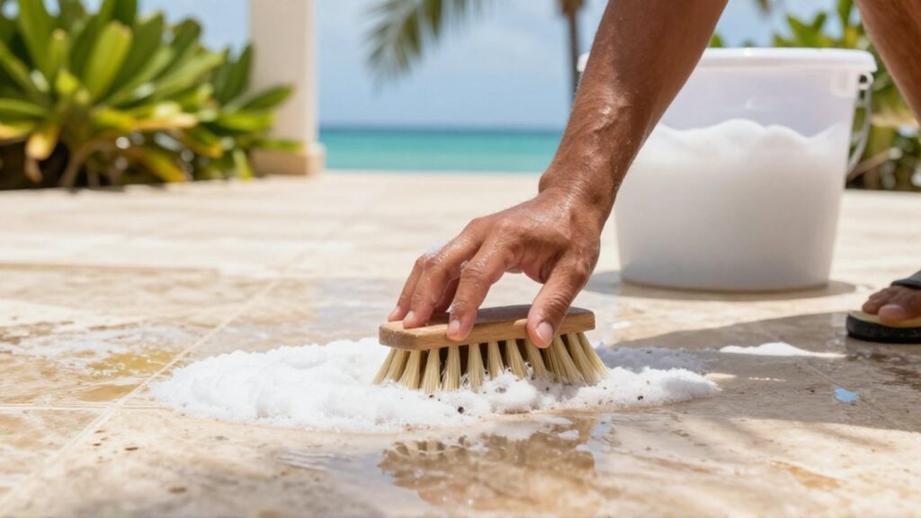 A person scrubs white salt residue from stone terrace tiles with a brush and soapy water.