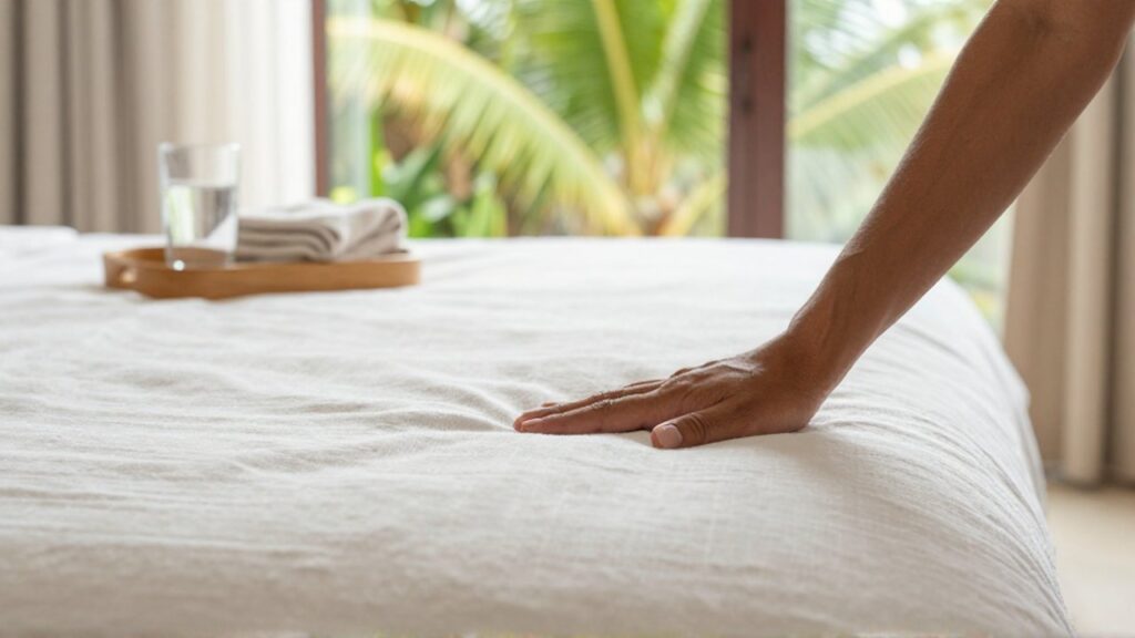 A person's hand smoothes a white linen sheet on a bed in a sunlit