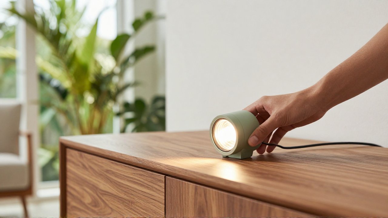 A hand adjusts a modern LED spotlight to illuminate a wooden sideboard in a bright living room.