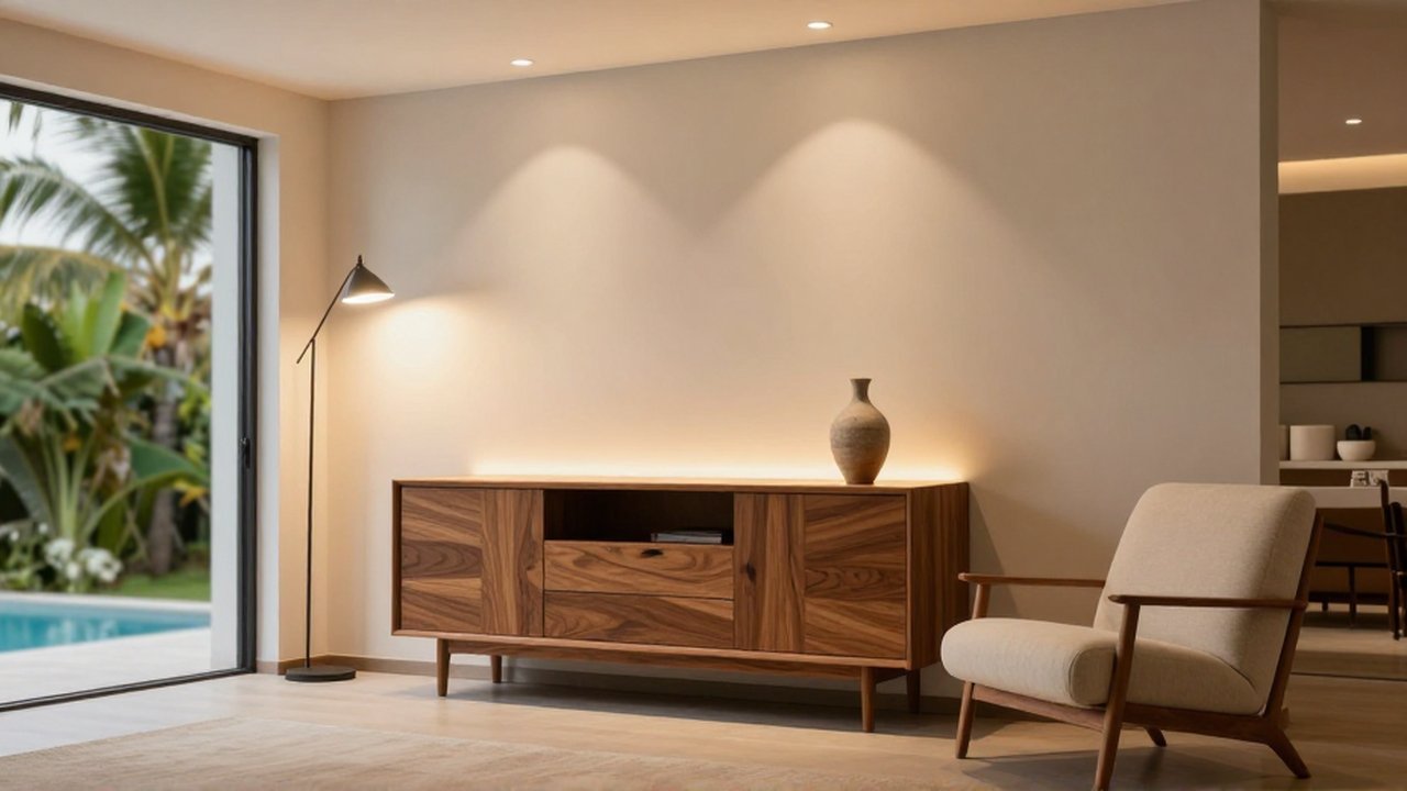 A wooden sideboard and lounge chair sit in a bright, modern villa with tropical greenery visible through large windows.