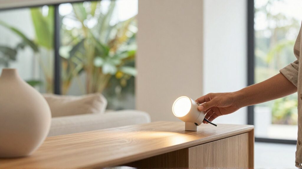 An interior designer adjusts a warm LED spotlight on a wooden sideboard in a bright showroom.