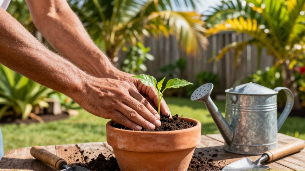 Sun-tanned hands plant a small green seedling into dark soil within a terracotta pot.
