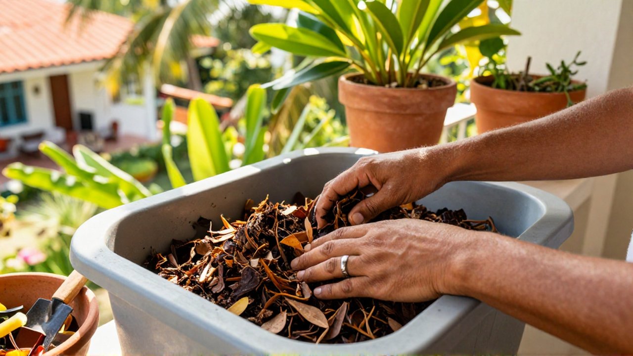 Hands layer kitchen scraps and dry leaves into a compost bin on a sunlit tropical balcony.