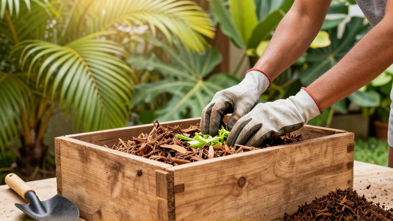 A person in gardening gloves layers mulch and vegetable scraps into a wooden compost bin.