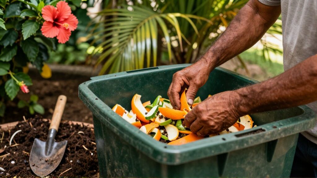 Weathered hands layer orange peels and vegetable scraps into a dark green compost bin in a tropical garden.