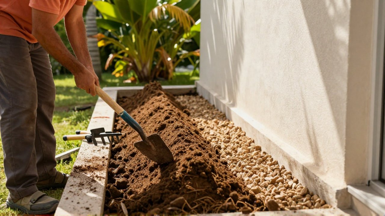 A landscaper shapes a sloped layer of gravel and soil against a villa's foundation.