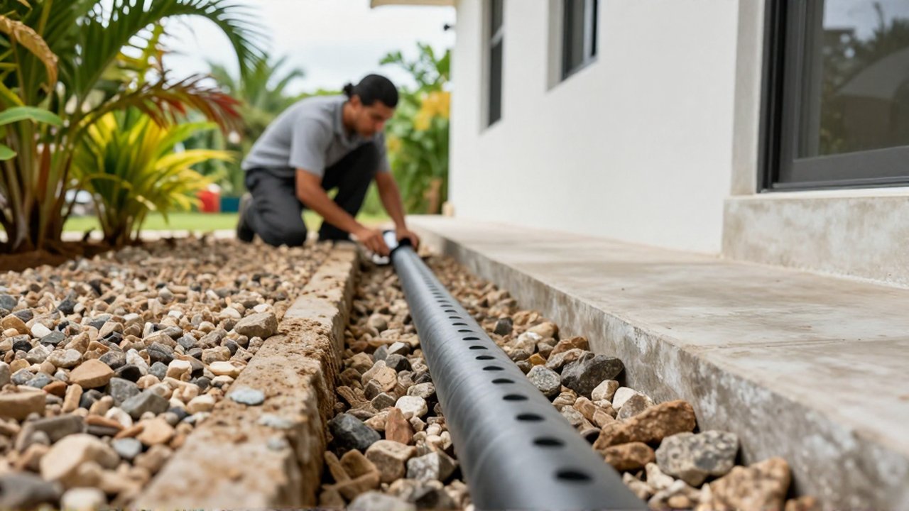 A professional landscaper installs a perforated pipe and gravel in a French drain trench along a home foundation.