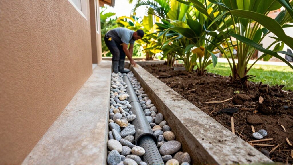 A landscaper installs a gravel drainage trench along a house foundation in a tropical garden.
