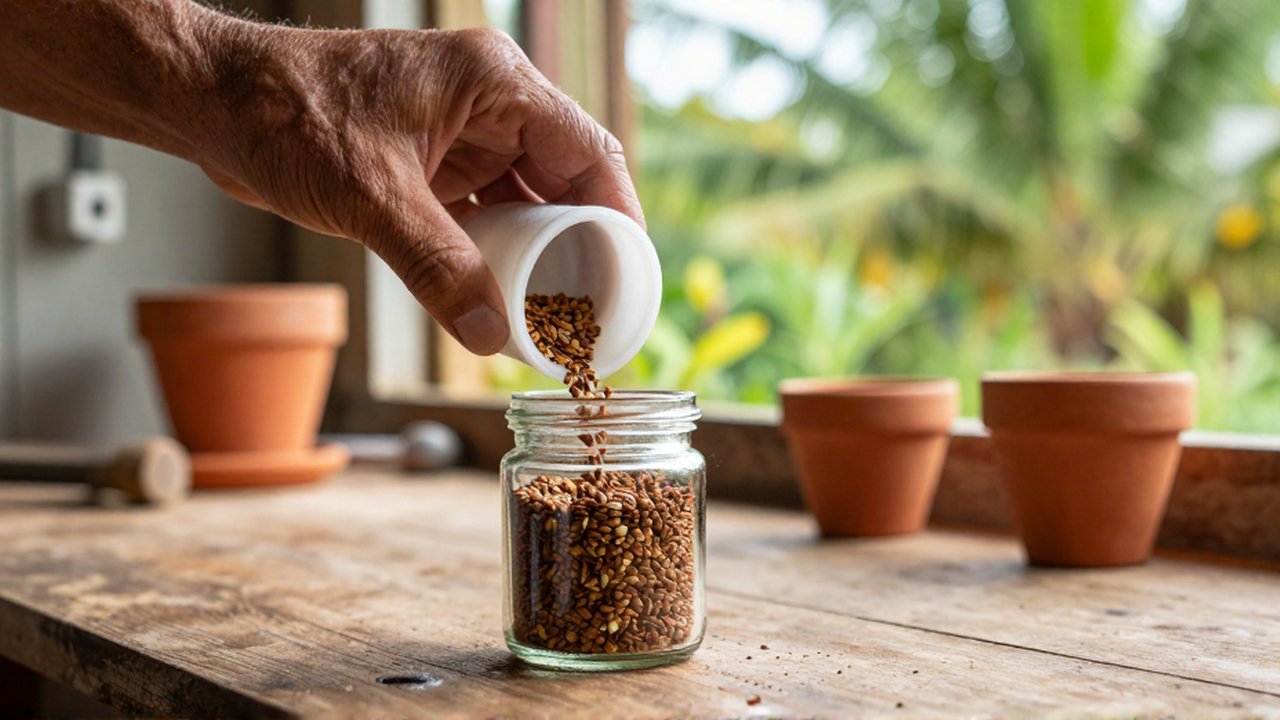 Weathered hands pour dried tomato seeds into a glass jar on a wooden workbench.