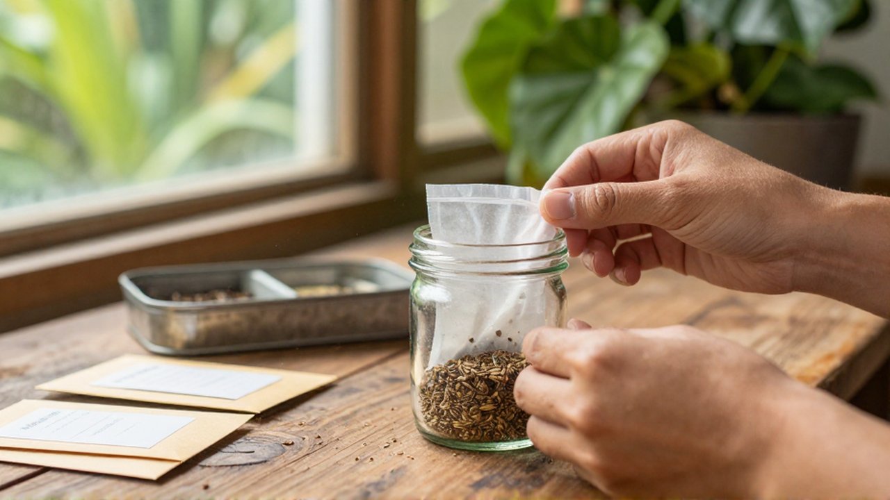 Hands carefully place dried heirloom seeds into a glass jar with a silica packet on a wooden workbench.