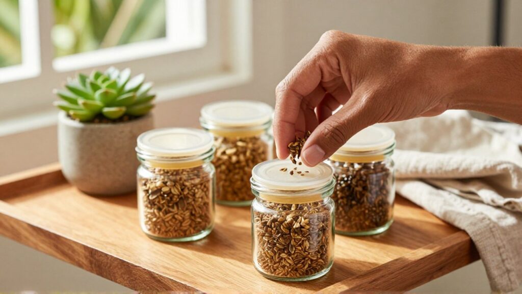 Hands carefully place dried organic vegetable seeds into small airtight glass jars on a wooden shelf.