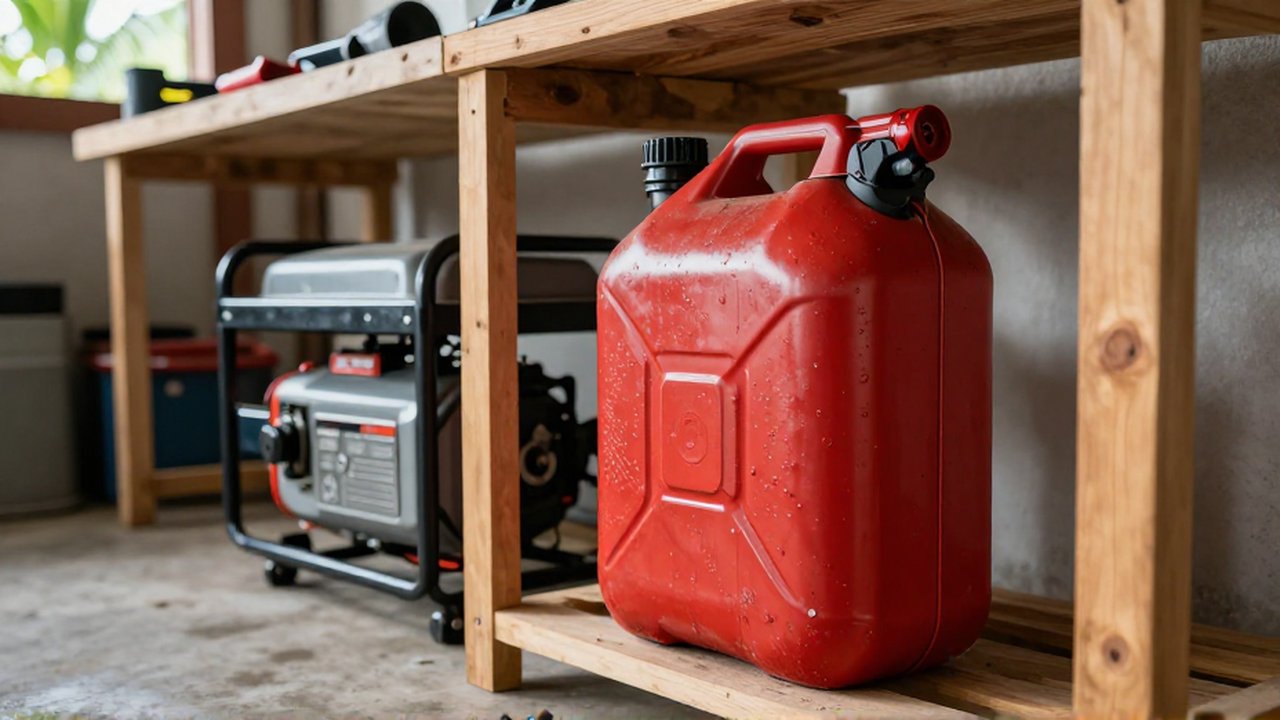 A red heavy-duty fuel canister sits on a wooden shelf next to a portable generator in an organized garage.