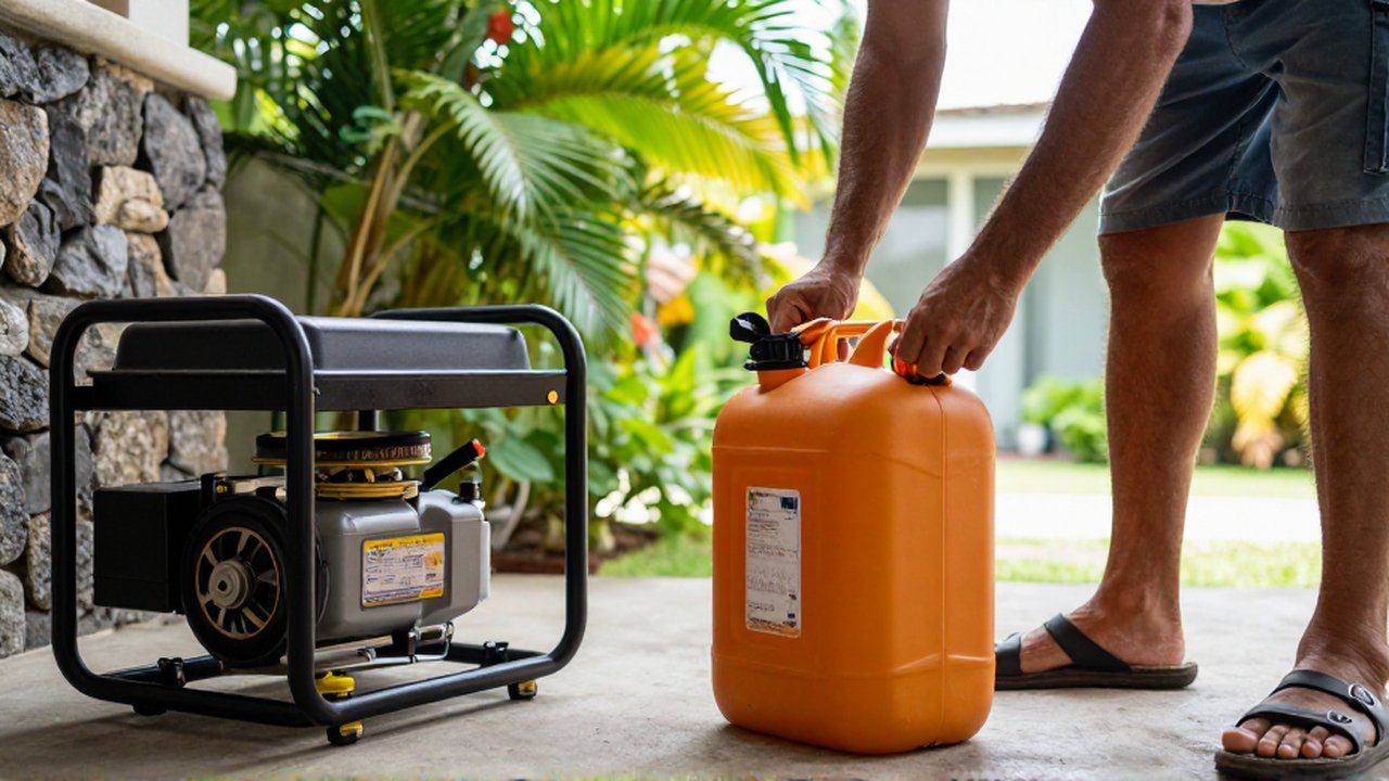A person carefully inspects a color-coded fuel canister next to a generator in a tropical outdoor setting.