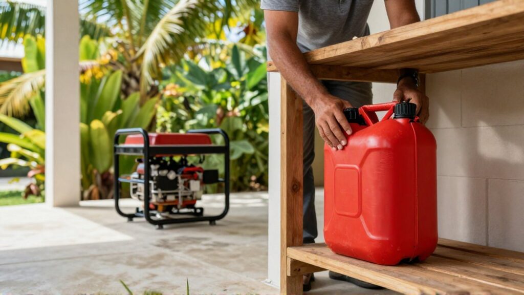 A homeowner places a red fuel canister on a shelf next to a portable generator in a shaded outdoor utility area.