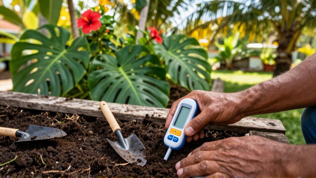 Weathered hands use a digital pH meter to test dark soil in a lush tropical garden.